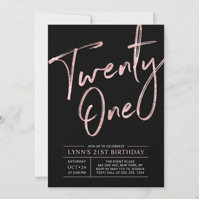 Twenty one | Rose Gold & Black 21st Birthday Party Invitation (Front)