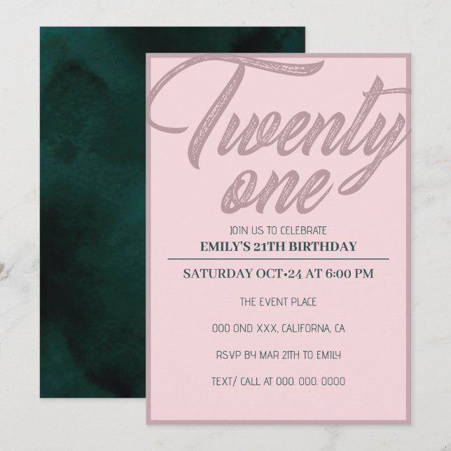 Twenty one | Rose Gold Pink 21st Birthday Party Invitation (Front/Back)