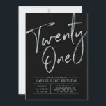 Twenty one | Silver & Black 21st Birthday Party Invitation<br><div class="desc">Celebrate your special day with this simple stylish 21st birthday party invitation. This design features a chic silver brush script "Twenty-one" with a clean layout on a black background. You can customize the text and background color. More designs available at my shop BaraBomDesign.</div>