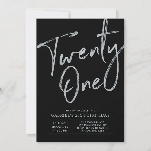 Twenty one  Silver  Black 21st Birthday Party Invitation