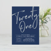 Twenty one | Silver & Navy 21st Birthday Party Invitation (Standing Front)