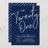 Twenty one | Silver & Navy 21st Birthday Party Invitation (Front/Back)