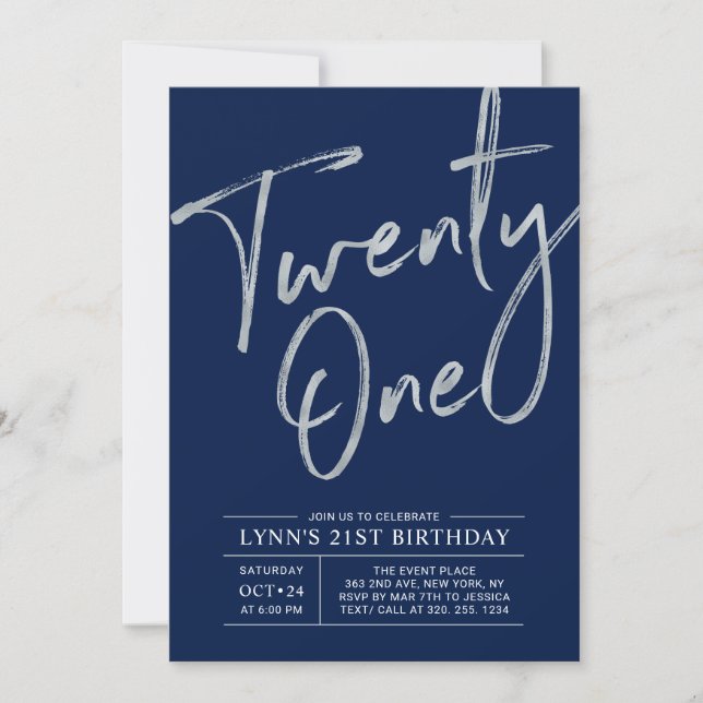 Twenty one | Silver & Navy 21st Birthday Party Invitation (Front)
