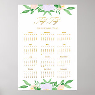 Twenty Twenty Floral and Name Faux Gold Calendar Poster