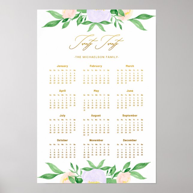 Twenty Twenty Floral and Name Faux Gold Calendar Poster (Front)