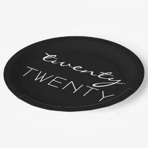 Twenty Twenty Happy New Year 2020 Black and White Paper Plates