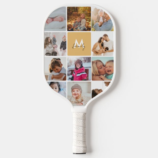 Twenty-Two Photo Collage Simple Monogram Family Pickleball Paddle (Front)