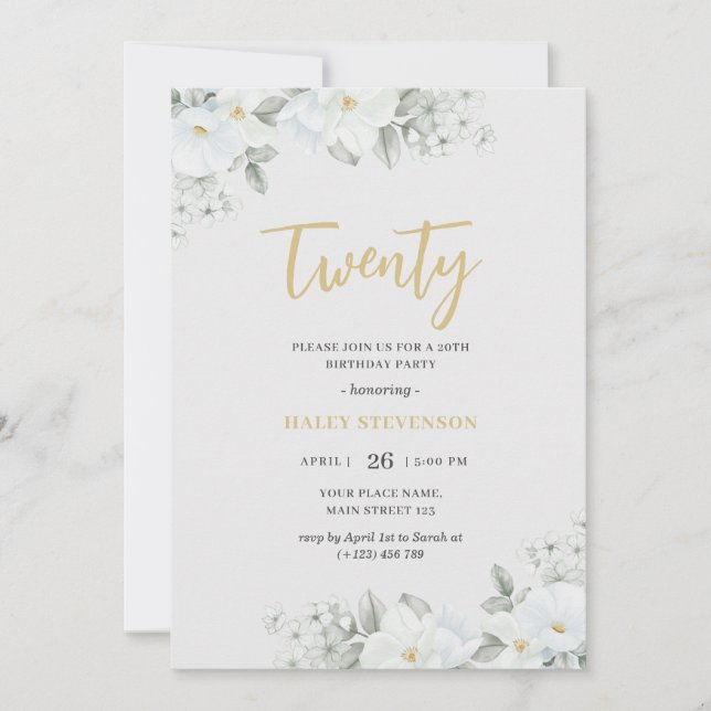 Twenty White & Gold Elegant White Floral Birthday Invitation (Front)