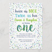 Twice as Nice Confetti Twin Boys First Birthday Invitation