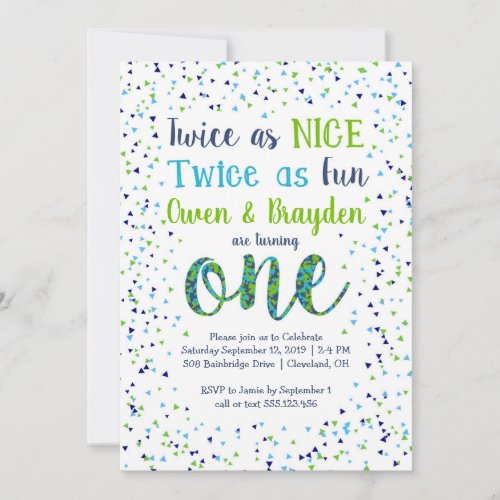 Twice as Nice Confetti Twin Boys First Birthday Invitation