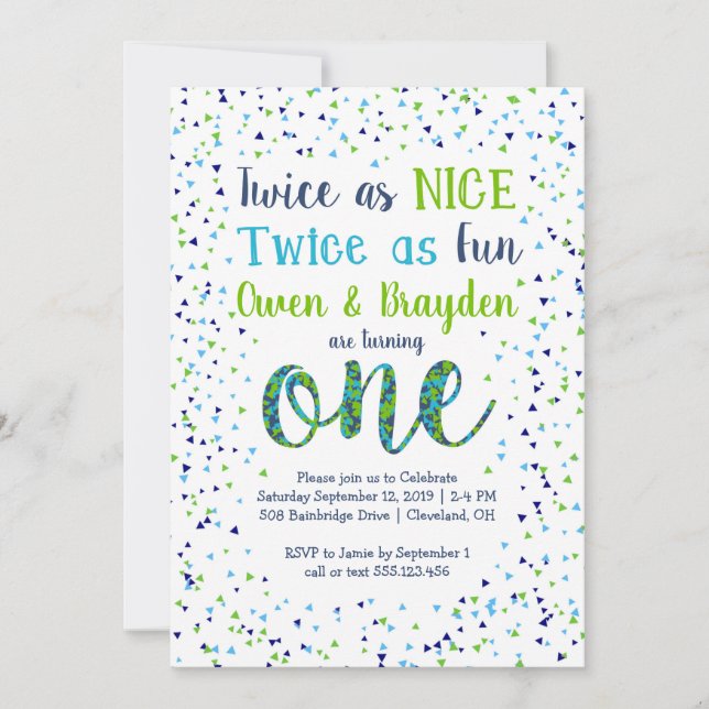 Twice as Nice Confetti Twin Boys First Birthday Invitation (Front)