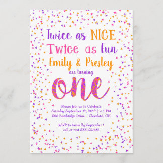 Twice as Nice Confetti Twin Girls First Birthday Invitation