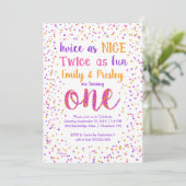 Twice as Nice Confetti Twin Girls First Birthday Invitation (Standing Front)