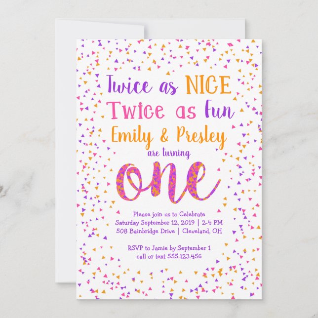 Twice as Nice Confetti Twin Girls First Birthday Invitation (Front)