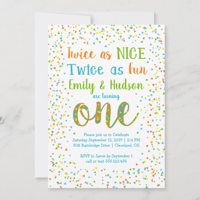Twice as Nice Confetti Twins First Birthday Invitation (Front)