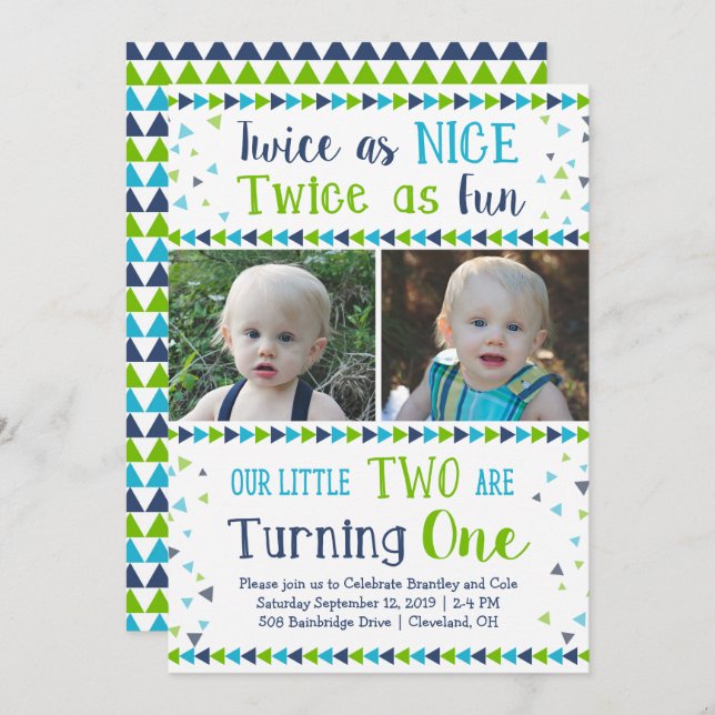 Twice as Nice Twin Boy First Birthday Invitation (Front/Back)