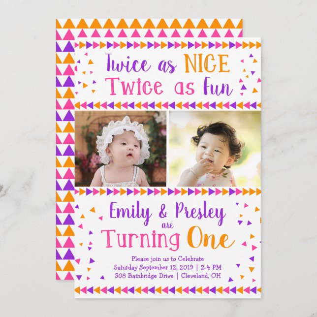Twice as Nice Twin Girls First Birthday Invitation (Front/Back)