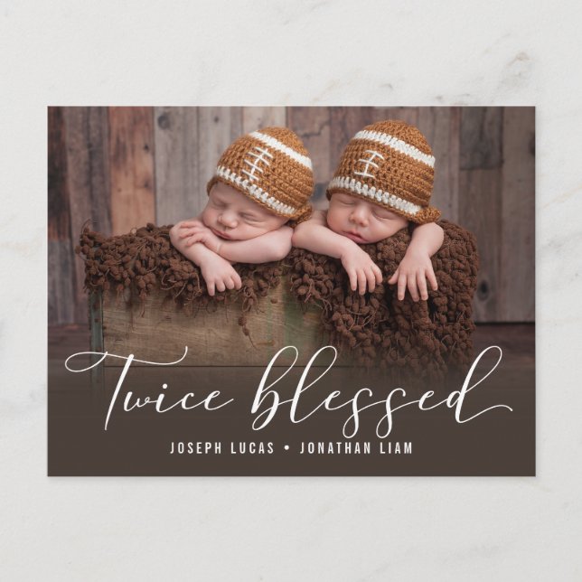 Twice Blessed Photo Twin Birth Announcement Postcard (Front)