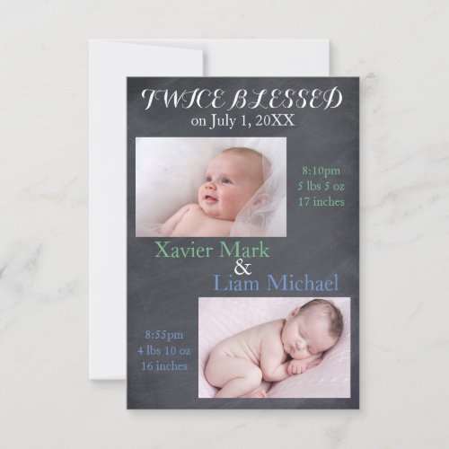 Twice Blessed Twin Boys _ 3x5 Birth Announcement
