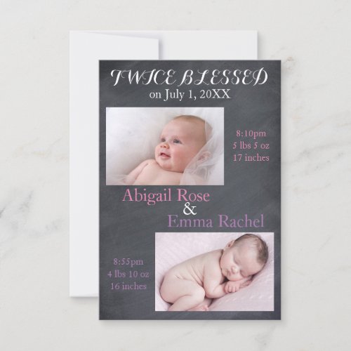 Twice Blessed Twin Girls _ 3x5 Birth Announcement