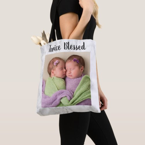 Twice Blessed Twin Photo Marble New Mother Gift Tote Bag