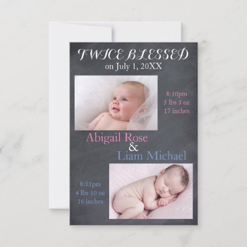 Twice Blessed Twins _ 3x5 Birth Announcement