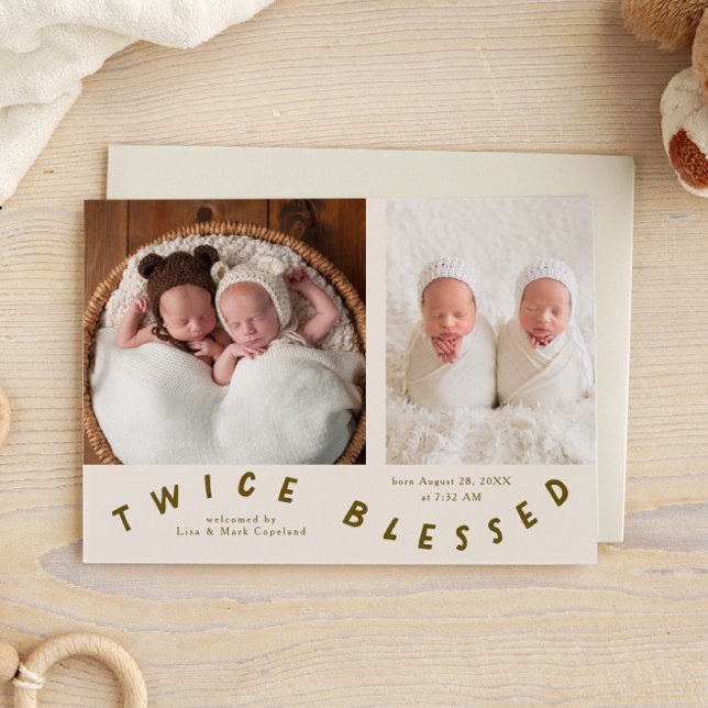 Twice Blessed Typography Cream Birth  Announcement (Creator Uploaded)