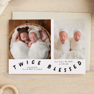 Twice Blessed Typography White Birth Announcement