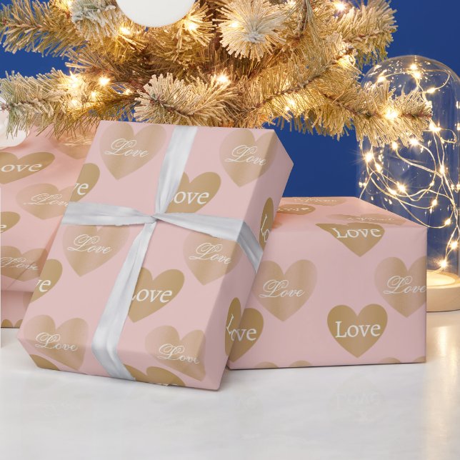 Twice Golden Love Wedding Hearts on Rose Gold Wrapping Paper (Holidays)