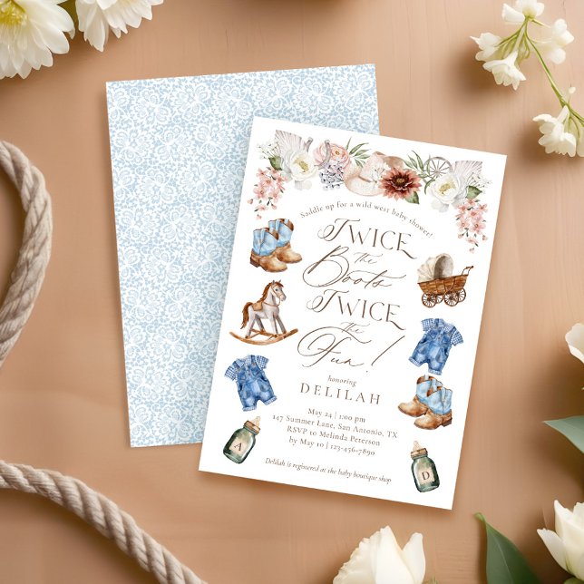 Twice the Boots Twin Boys Western Baby Shower Invitation (Twice the Boots Twin Boys Western Baby Shower Invitation)