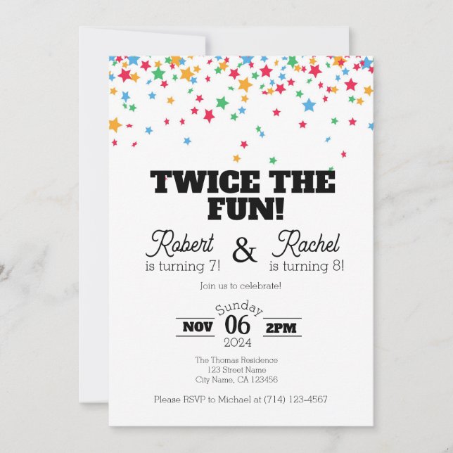 Twice the Fun Double Birthday Celebration Invite (Front)