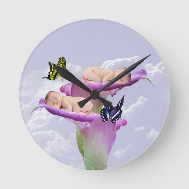 Twice the joy with baby twins shower invitation round clock (Front)