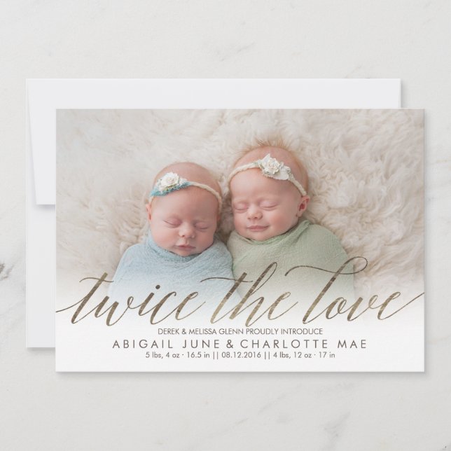 Twice the Love Faux Foil Twin Birth Announcement (Front)