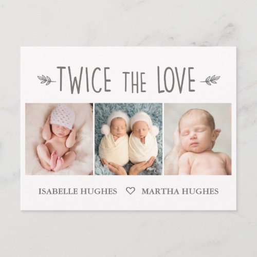 Twice the love twin baby birth announcement card