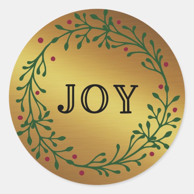 Twigs And Berries Wreath - Gold Foil - Joy Classic Round Sticker (Front)
