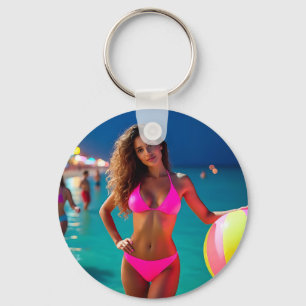 Twilight Beach Portrait — Woman in Neon Pink Bikin Keychain