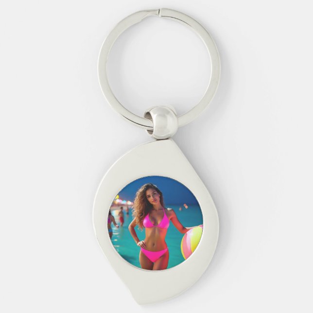 Twilight Beach Portrait — Woman in Neon Pink Bikin Keychain (Front)