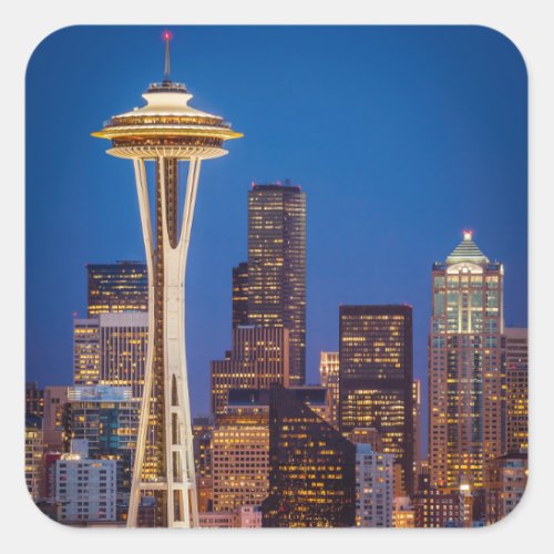 Twilight Blankets The Space Needle And Downtown 2 Square Sticker