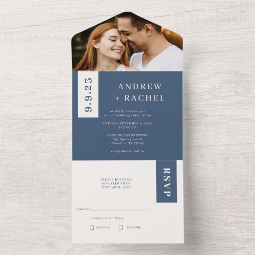 Twilight Blue Blocks Wedding Photo All In One Invitation