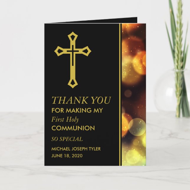 Twilight Bokeh Lights, First Communion Thank You Card (Front)