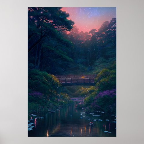 Twilight Bridge in the Enchanted Forest Poster