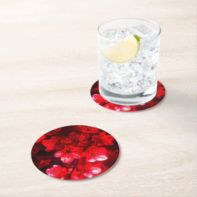 Twilight Cherry Blossom Glow Round Paper Coaster (Insitu)