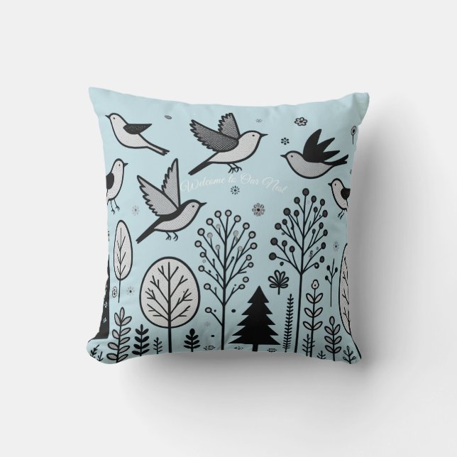 Twilight Forest Birds Light blue Throw Pillow (Front)