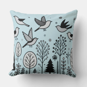 Twilight Forest Birds Light blue Throw Pillow