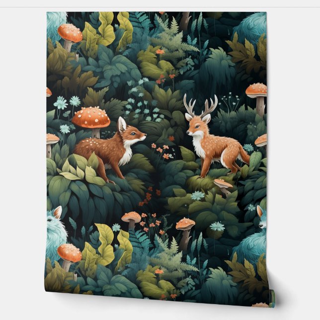 Twilight Forest Friends Botanical Wallpaper (Unrolling)