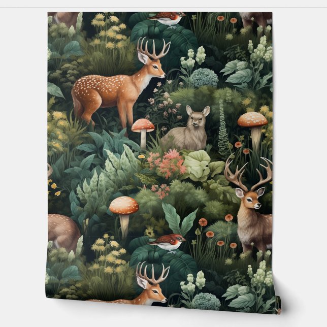 Twilight Forest Friends Botanical Wallpaper (Unrolling)