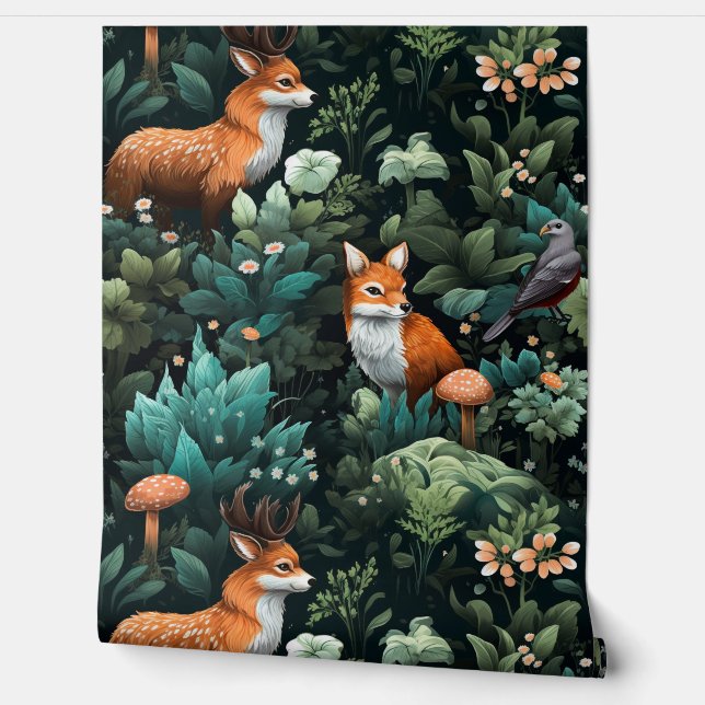 Twilight Forest Friends Botanical Wallpaper (Unrolling)