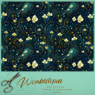 Twilight Garden Navy Blue, Gold Floral Decoupage Tissue Paper