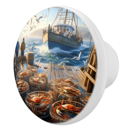 Twilight Harvest Fishermen Collecting Crabs Ceramic Knob