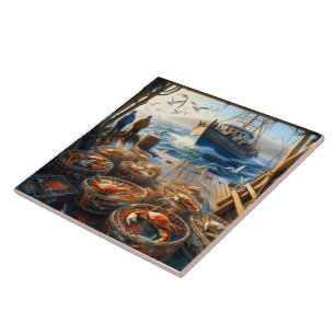 Twilight Harvest Fishermen Collecting Crabs Ceramic Tile